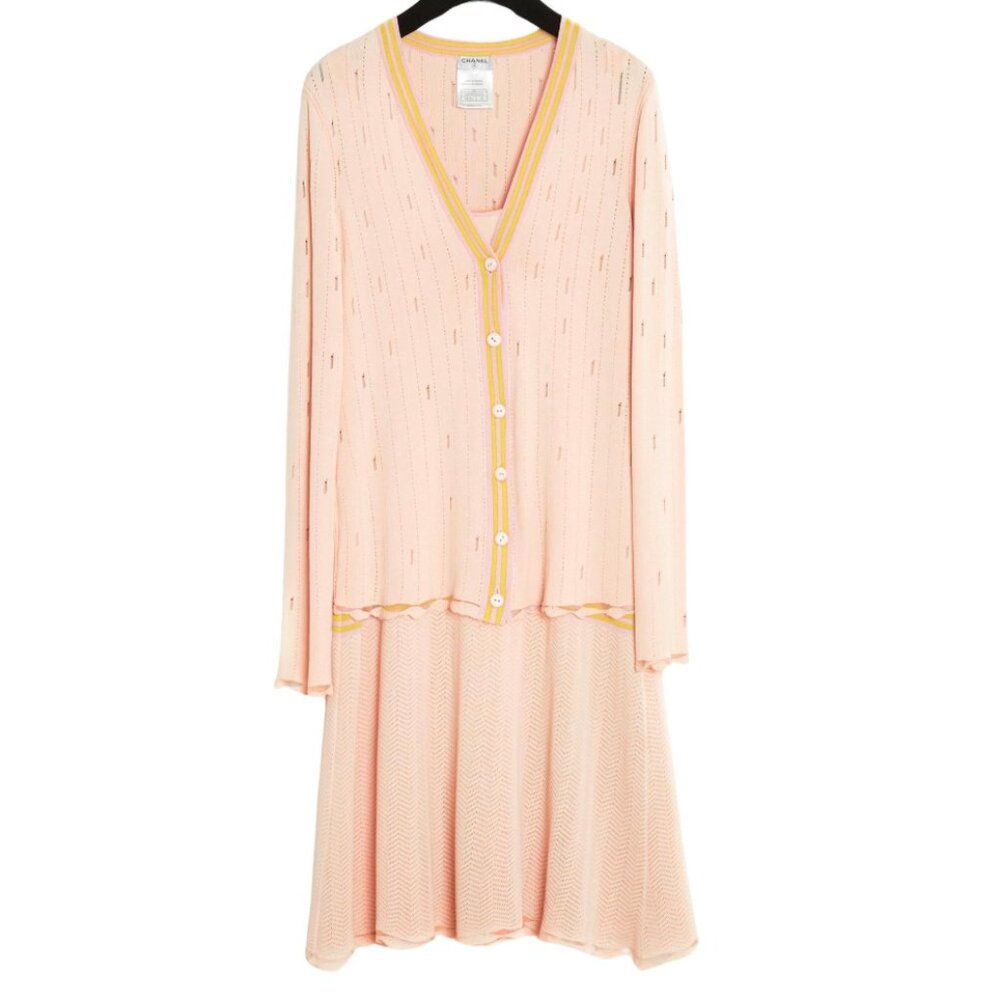 CHANEL 2004 Dress & Cardigan Resort Pink Jersey Knit Ensemble Set 40